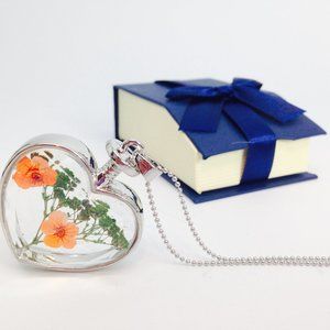 18-K White Gold Real Dried Flower Heart Necklace